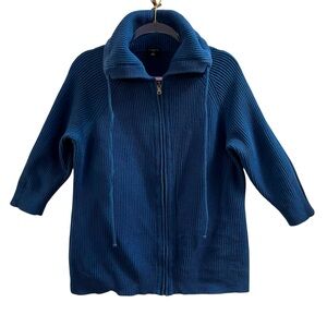 TALBOTS SWEATER, Size 1X, Blue Zip Front Sweater w/ Collar & 3/4 Raglan Sleeves.